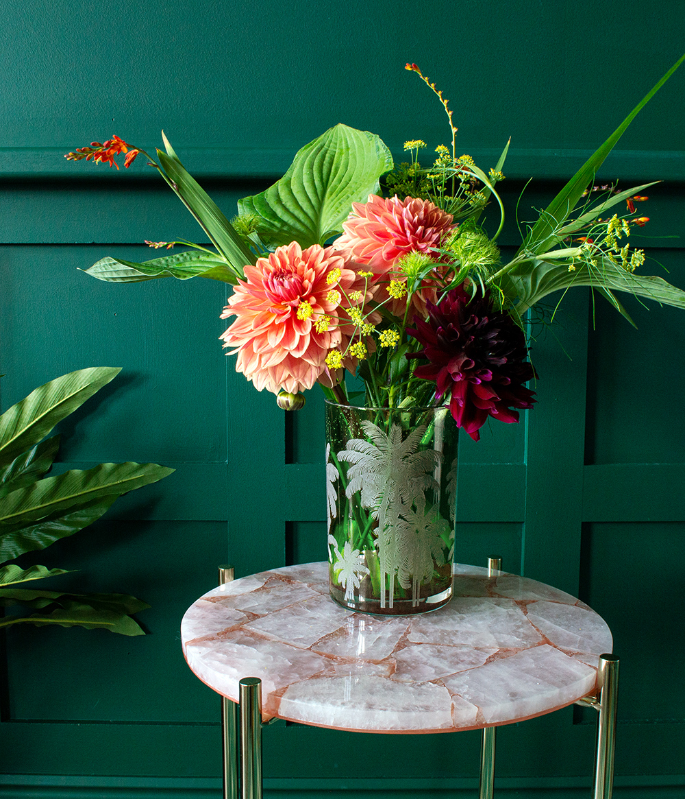 Etched green glass vase - tips for flower arranging