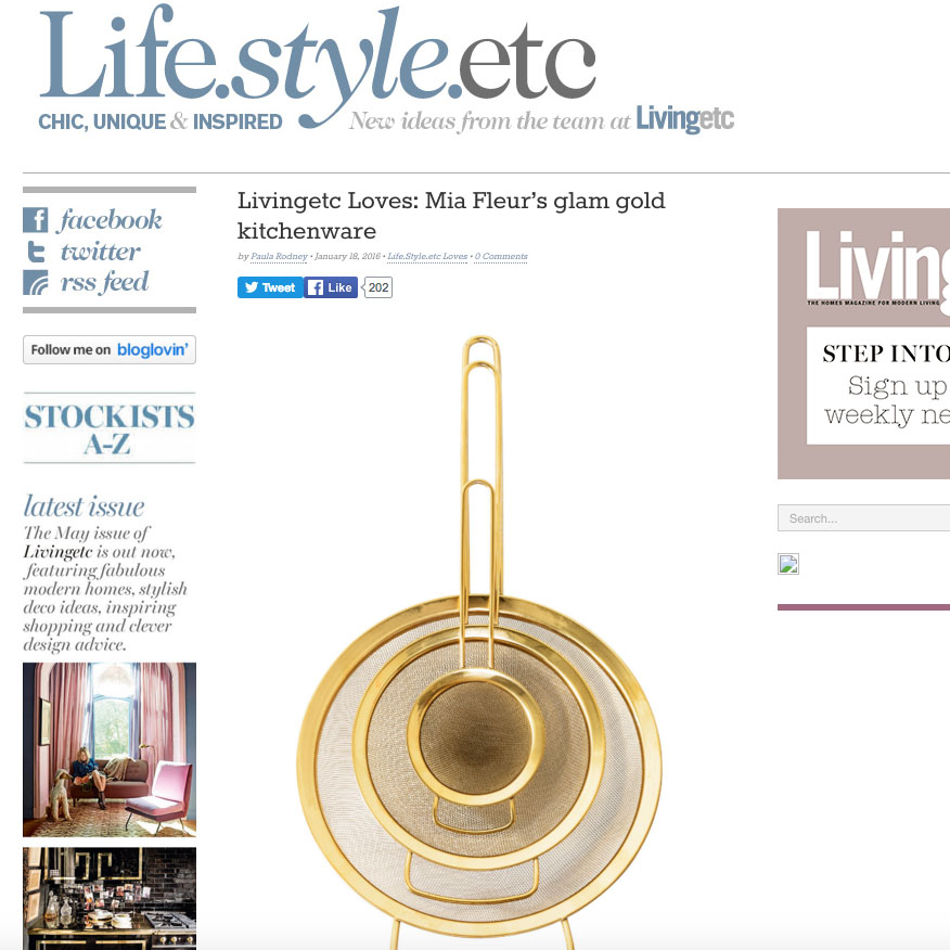 MiaFleur's range of gold kitchen utensils featured on Livingetc