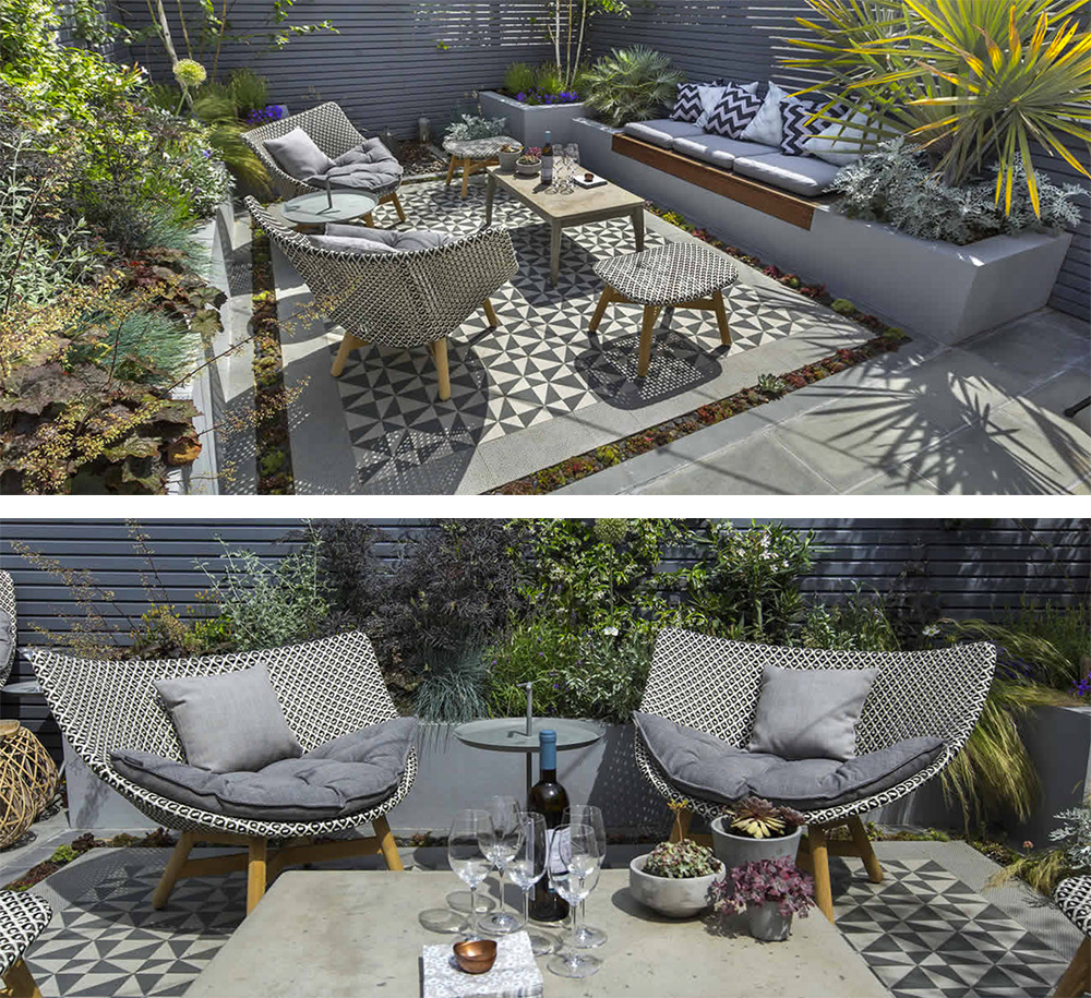 A tiled area is a great way to bring impact to a small space. Garden design by The Garden Builders.
