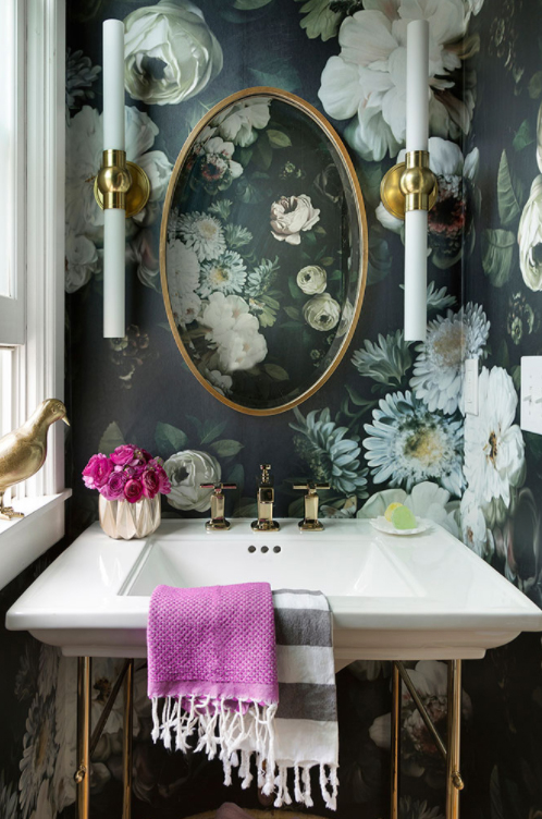 5 Tips for Incorporating Bold Wallpapers in your Home – Small spaces like bathrooms or hallways are the perfect place to use bold patterns. This dark and moody floral wallpaper gives this bathroom a really glamorous, but quirky look. 