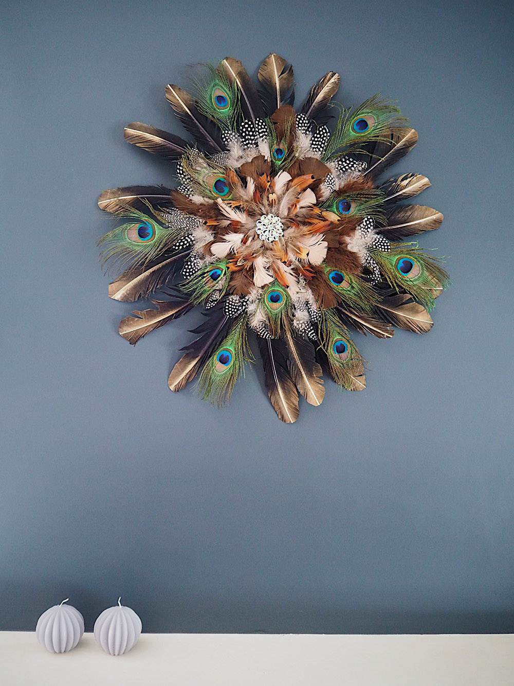 Peacock Feather Wall Art with Silver Mirror