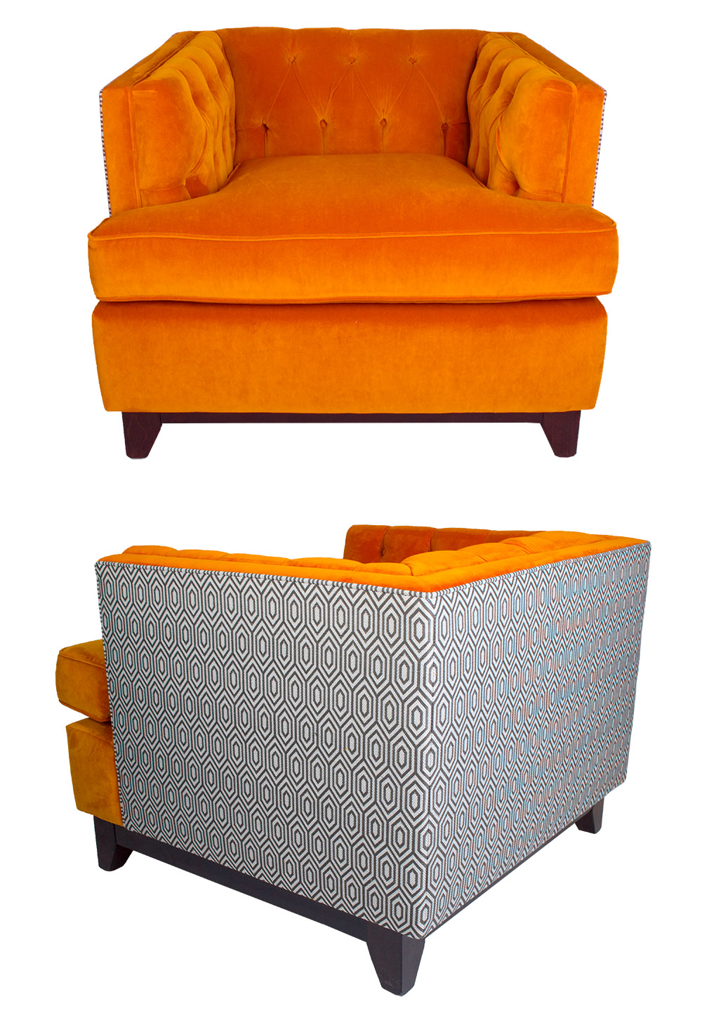 Vibrant jewelled orange in a luxurious soft touch velvet, with the back of the chair in a geometric black and white design for a touch of contrast. The Sumptuous Deep Button Armchair is perfect for brightening up any style of décor and bringing some charisma to a room.