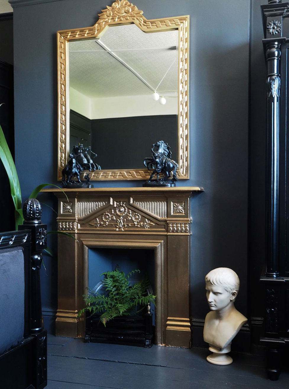 House Tour - Rachel Edmonds. Bedroom inspiration. Moody interiors. Dark, rich colours with gold accents