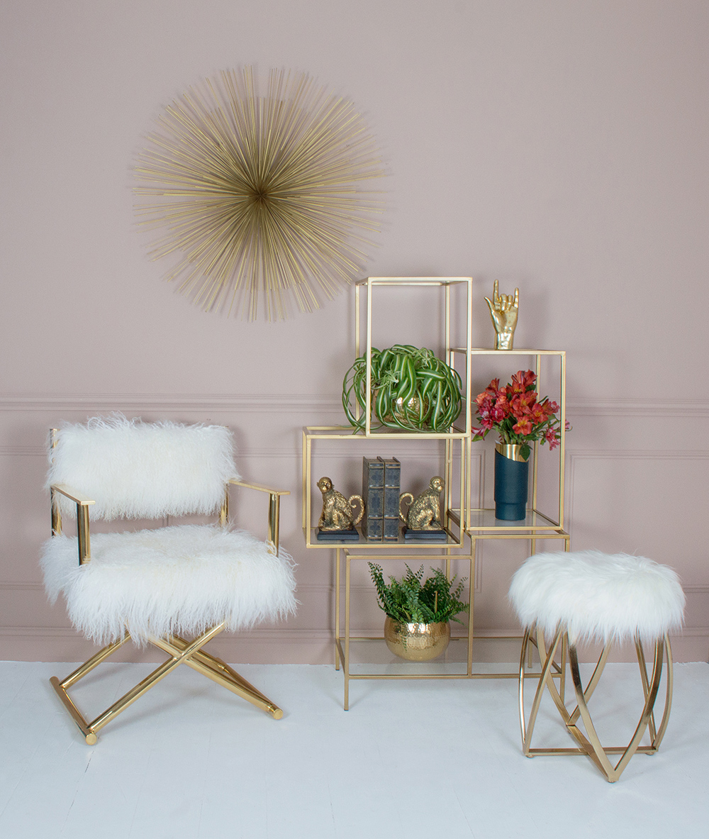 Audenza interiors, inspiration and styling tips. Hollywood Glam- Mongolian fur chair, faux fur gold stool and lavish gold details.