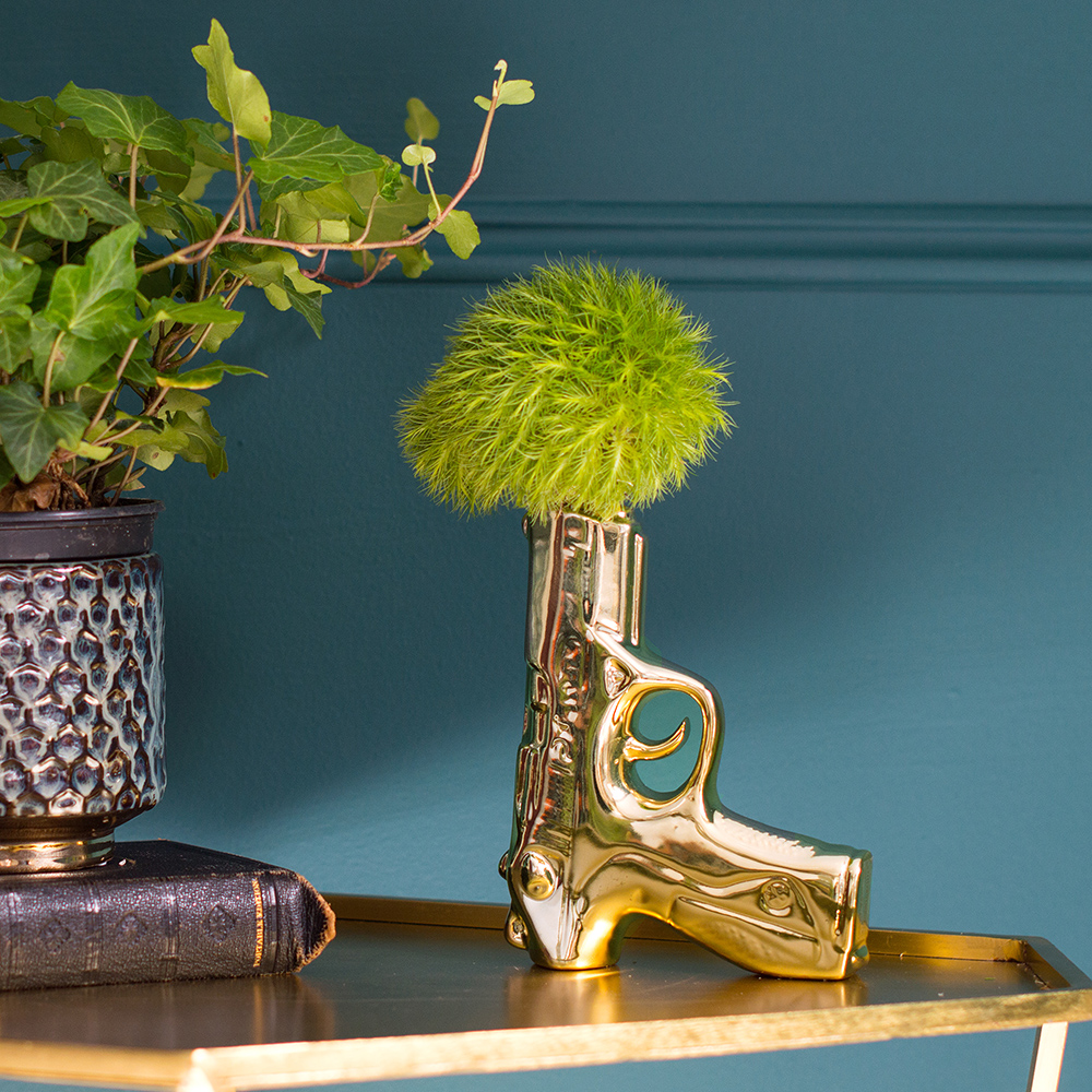 Audenza- Top 10 Cool Homewares Under £50. A stylish gold flowers not war bud vase