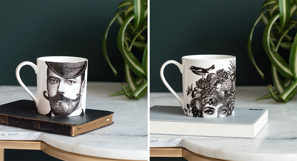 Audenza- Top 10 Cool Homewares Under £50. His and Hers mugs. Dashing gent fine china mug and fruit lady fine china mug.