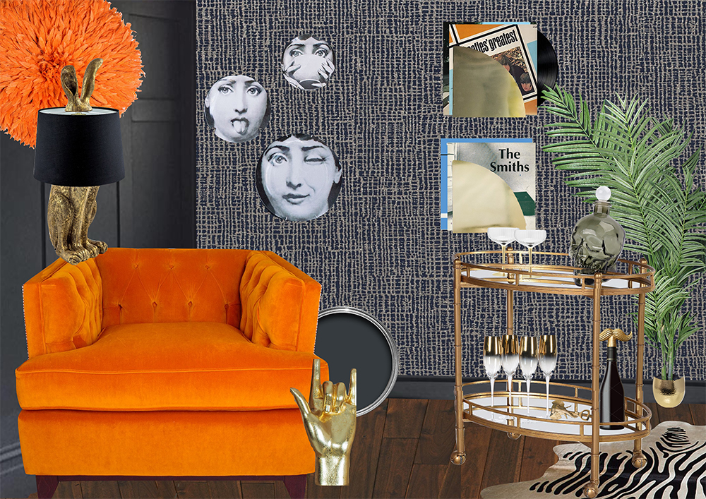 Sumptuous interior room scheme- The Dashing Gent. Masculine, colourful and quirky living room inspiration.