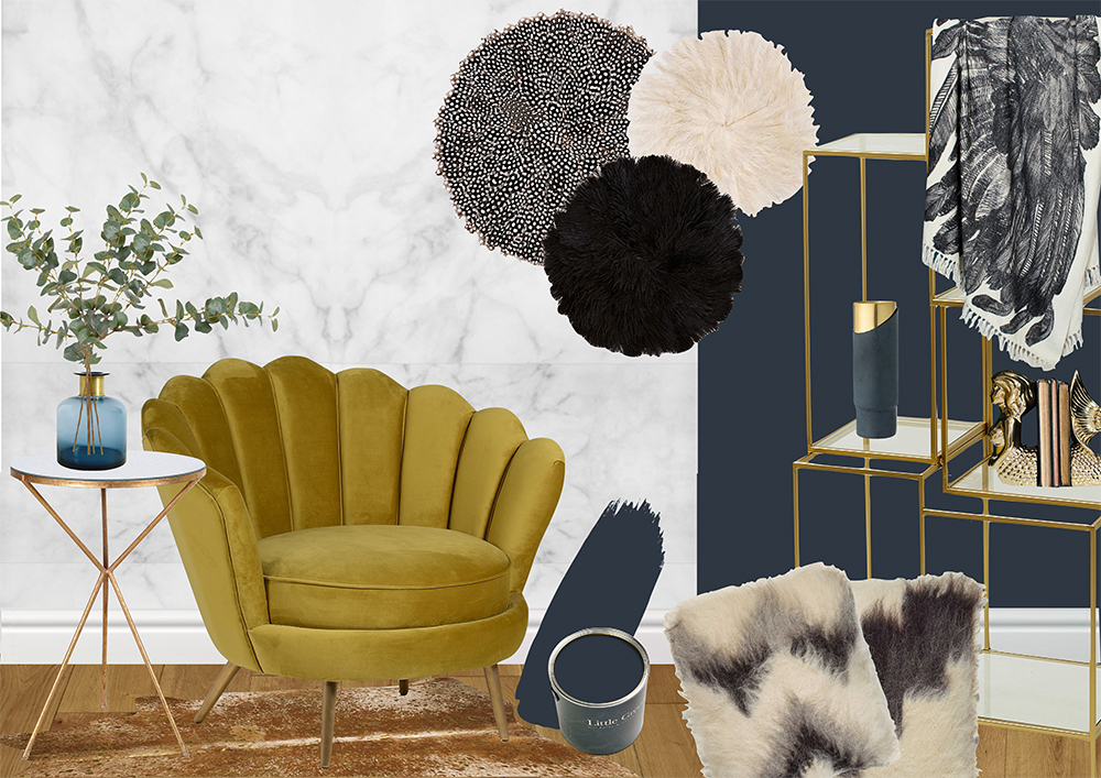 Sumptuous interior room scheme- The Glamorous Artisan. Navy and gold living room inspiration.