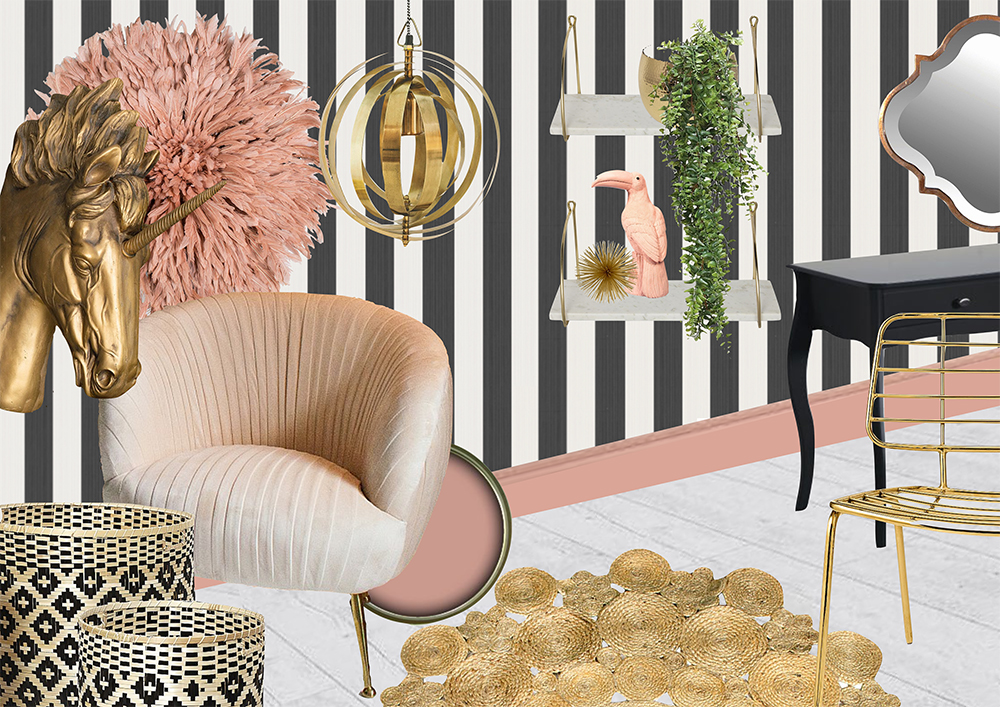 Sumptuous interior room scheme- The Femme Fatale. Pink, gold and monochrome bedroom inspiration.