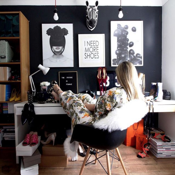@seasonincolour top 13 #livefabulousandfearless Instagram homes. Quirky home office with moody grey feature wall.