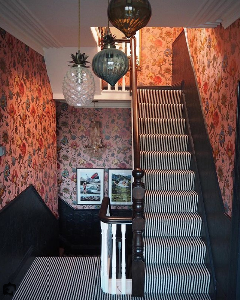 @the_idle_hands top 13 #livefabulousandfearless Instagram homes. -Stunning staircase with patterned wallpaper and monochrome striped carpet.