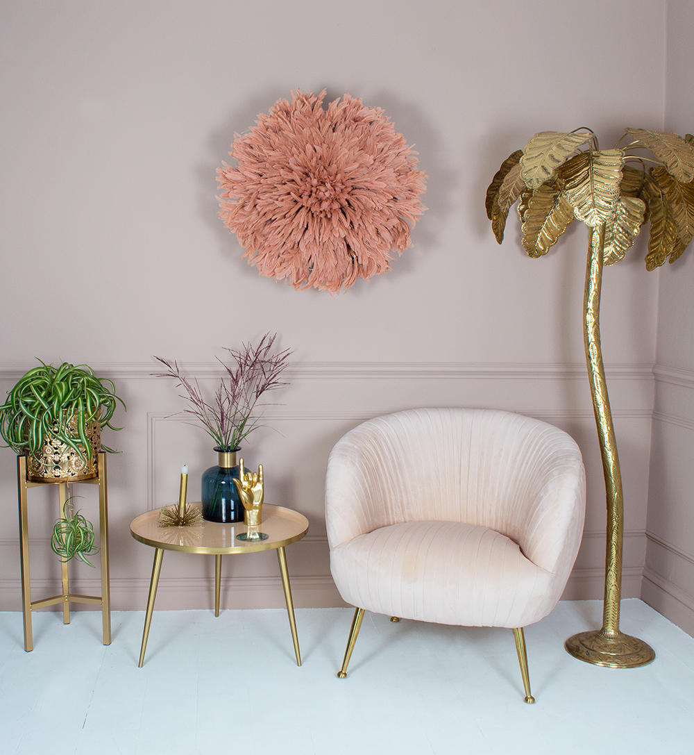 Blush pink decor inspiration. Pair pale pink walls with lashings of gold home accessories, like this stunning gold palm tree floor lamp for a soft, feminine look.