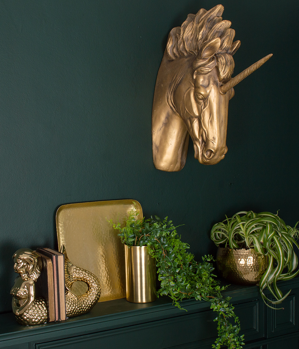 Interior styling advice- gold unicorn head wall mount