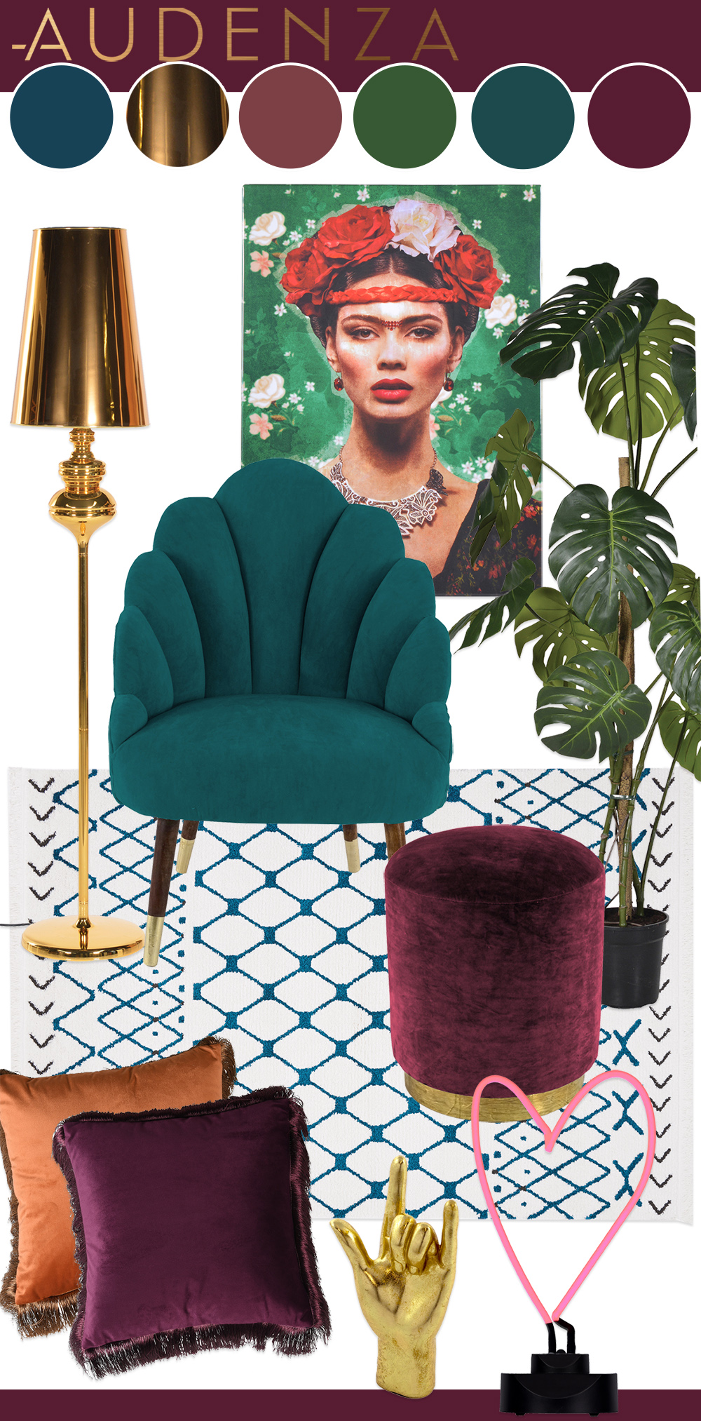 Interior mood board inspiration- teal and ruby colour palette with gold home accessories and faux plants 