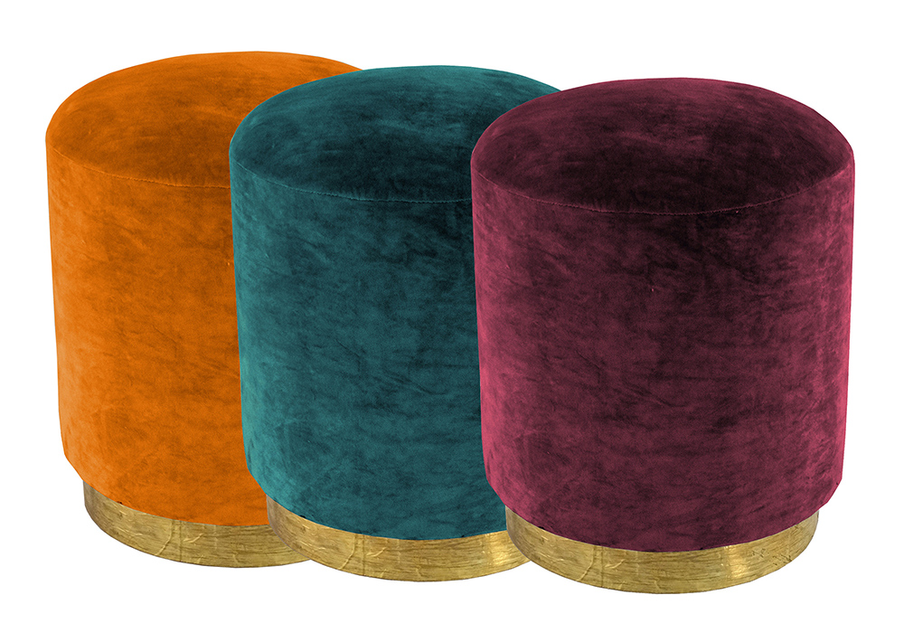 Colourful velvet stools with brass base from Audenza