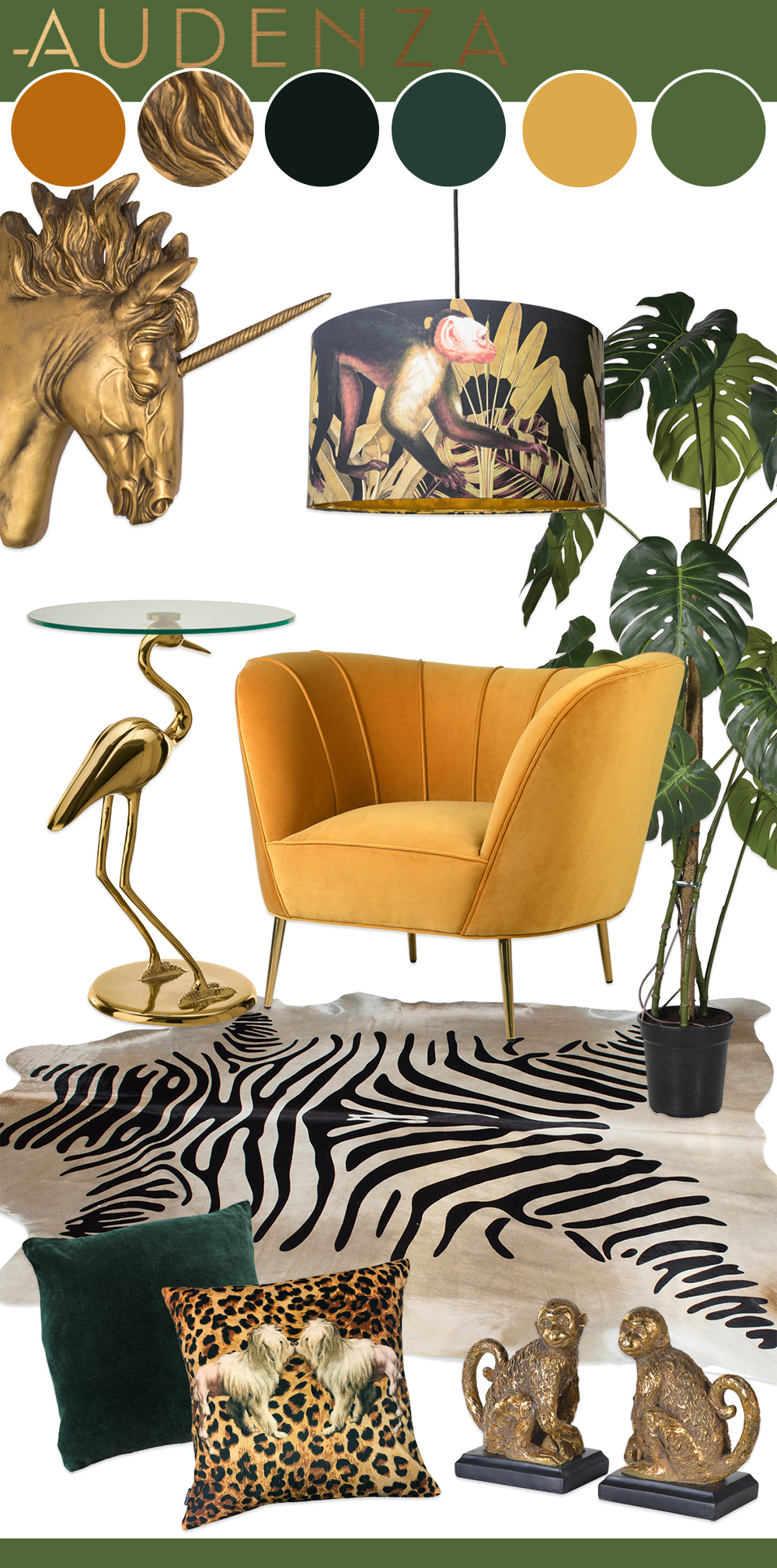 Interior mood board inspiration- green and mustard yellow colour palette with animal prints and faux plants 