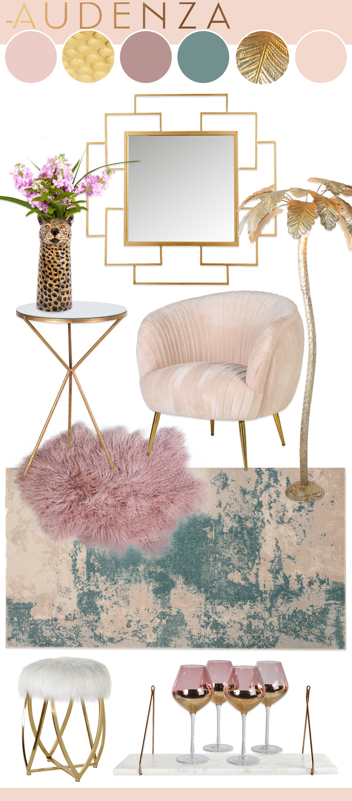 Interior mood board inspiration- blush pink and soft teal colour palette with pastel velvet furniture and gold home accessories 