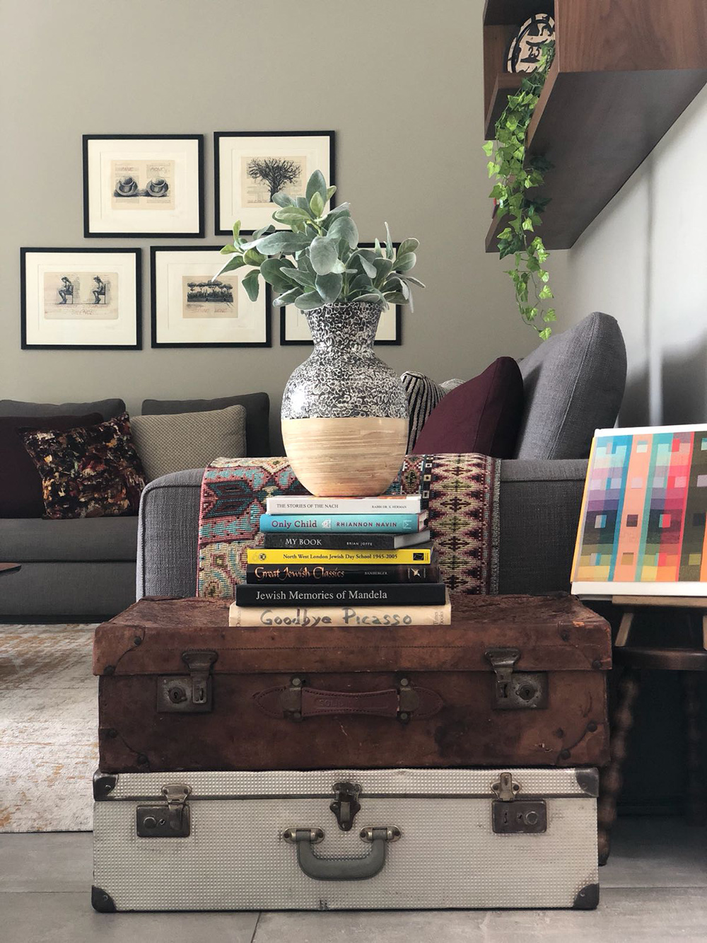 Neutral living room with a modern, world traveller vibe.