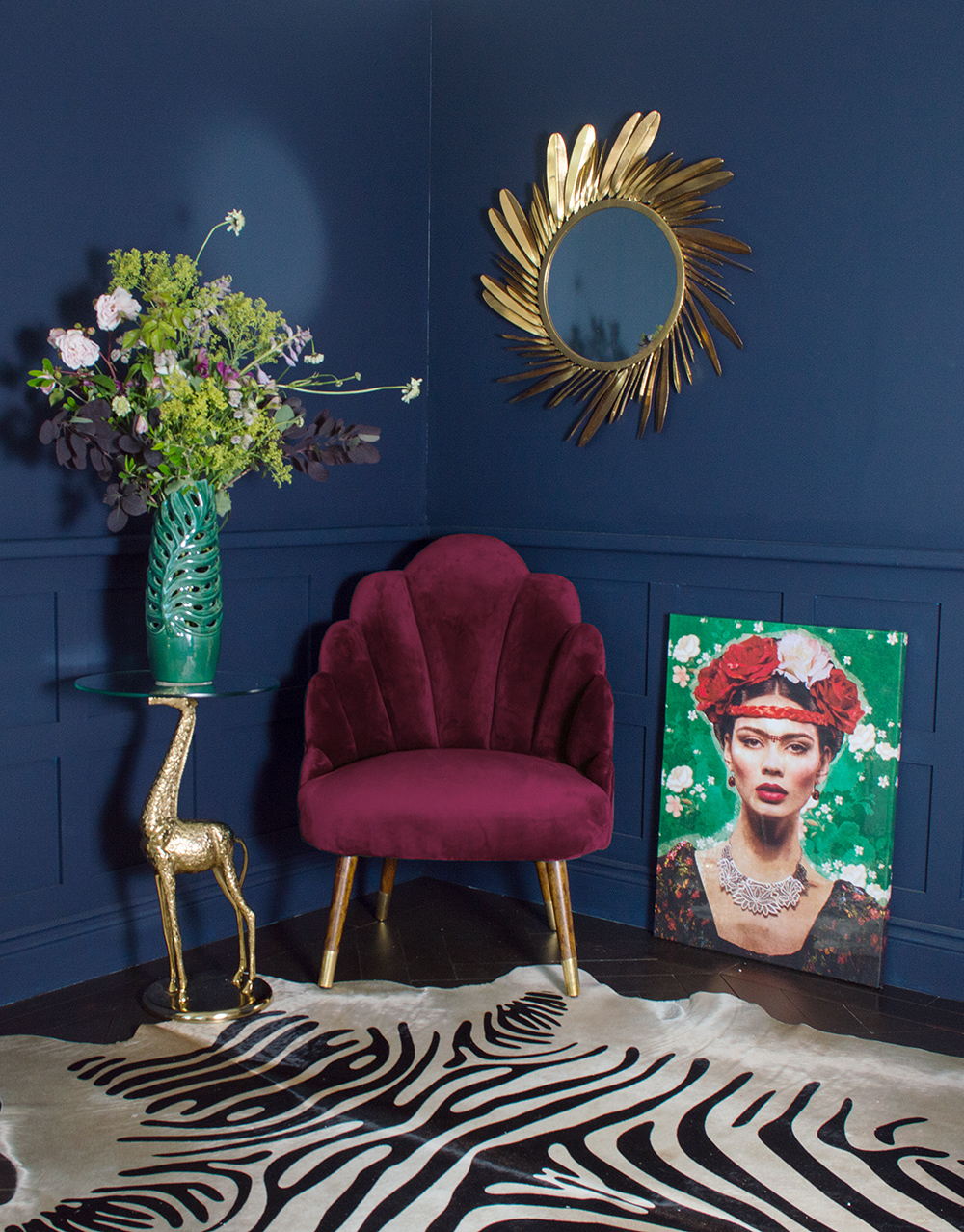 velvet occasional chair- eclectic living room