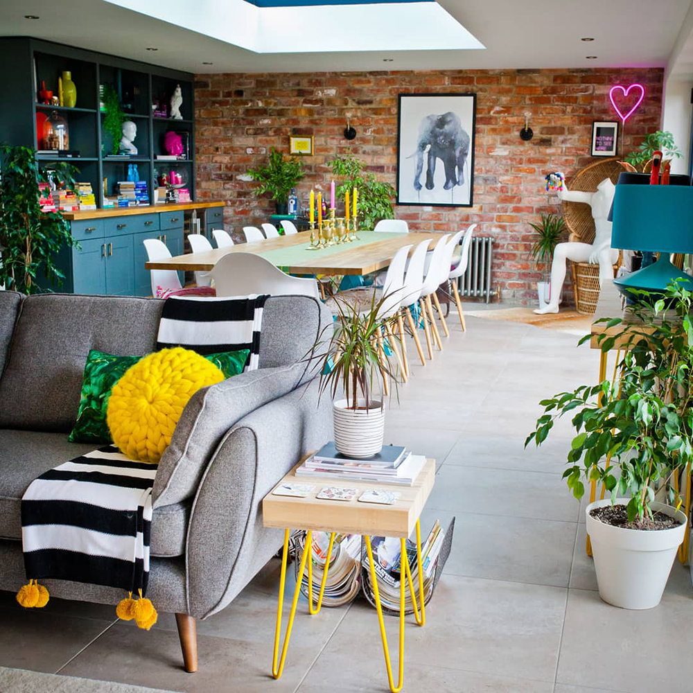 Colourful and quirky open plan living and dining room