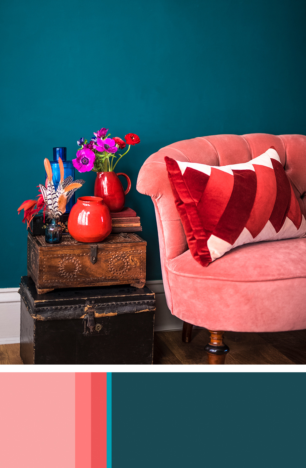 Richly hued teal and pink colour palette idea for interiors