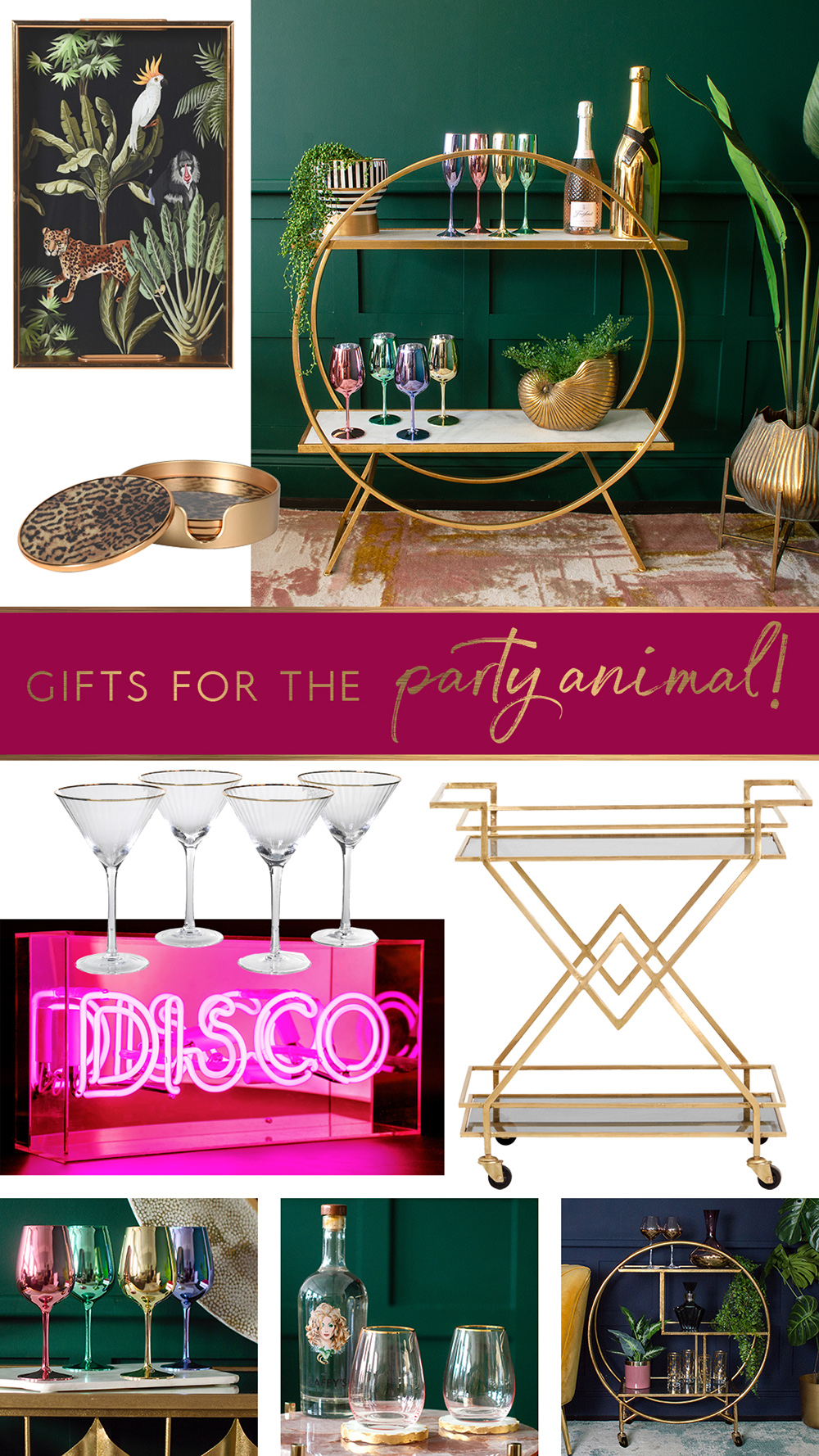 Our carefully selected gifts for the party animal are perfect for a family member or friend who just loves to entertain. From your cool and quirky prosecco popping party pal, to your timeless and glamourous bestie who loves to wine and dine you, we've got them all covered.  Let's face it, no serious party animal should be without a drinks trolley, so whether you're feeling flush or you're chipping in as a group gift, they're a sure-fire hostess-pleaser. 