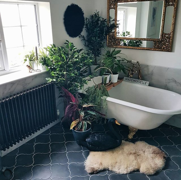 Claw foot bath with lush tropical house plants. Image by @wiltshirefarmhouse