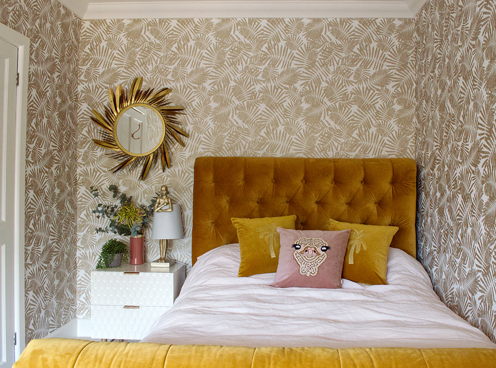 Feminine bedroom inspiration - featuring cream and gold 'Espinillo' wallpaper by Harlequin.