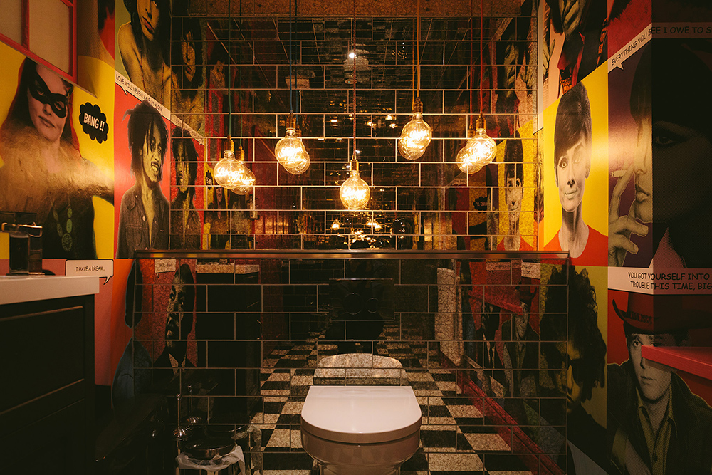 Charlton Hall - quirky wedding venue. Cool bathroom design with pop art theme.