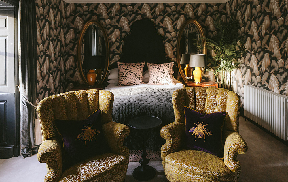 Charlton Hall - quirky wedding venue. Glamorous bedroom design inspiration.