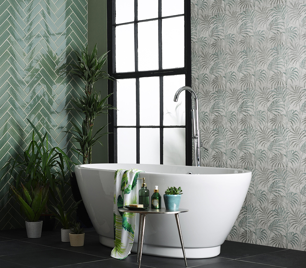 Tropical patterned bathroom tiles / green wall tiles. By Original Style Tiles