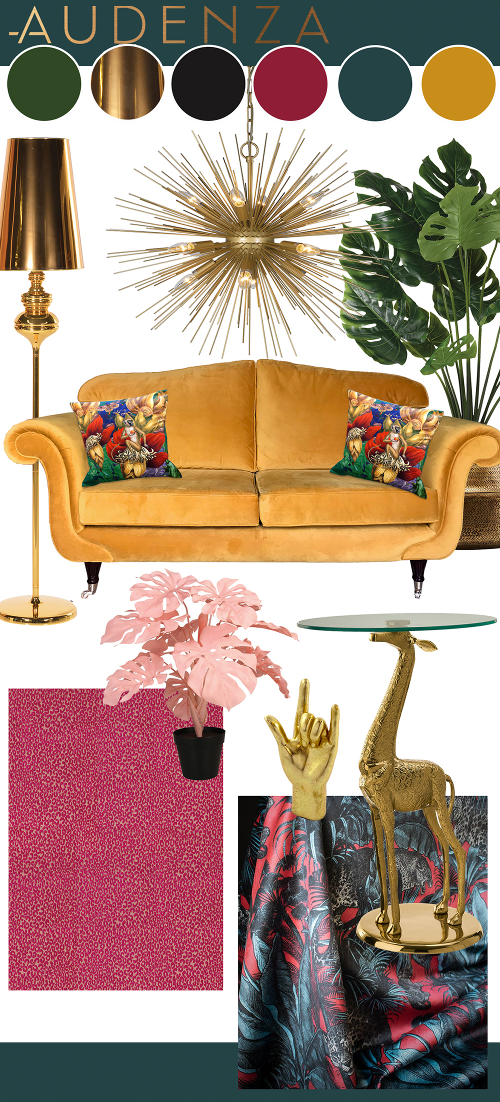 Maximalist living room inspiration in a hot pink, teal and mustard colour palette. With Serpentine paint by Zoffany, Cheetah fabric by Osborne & Little, and Faunacation fabric by Divine Savages, furniture and accessories by Audenza.