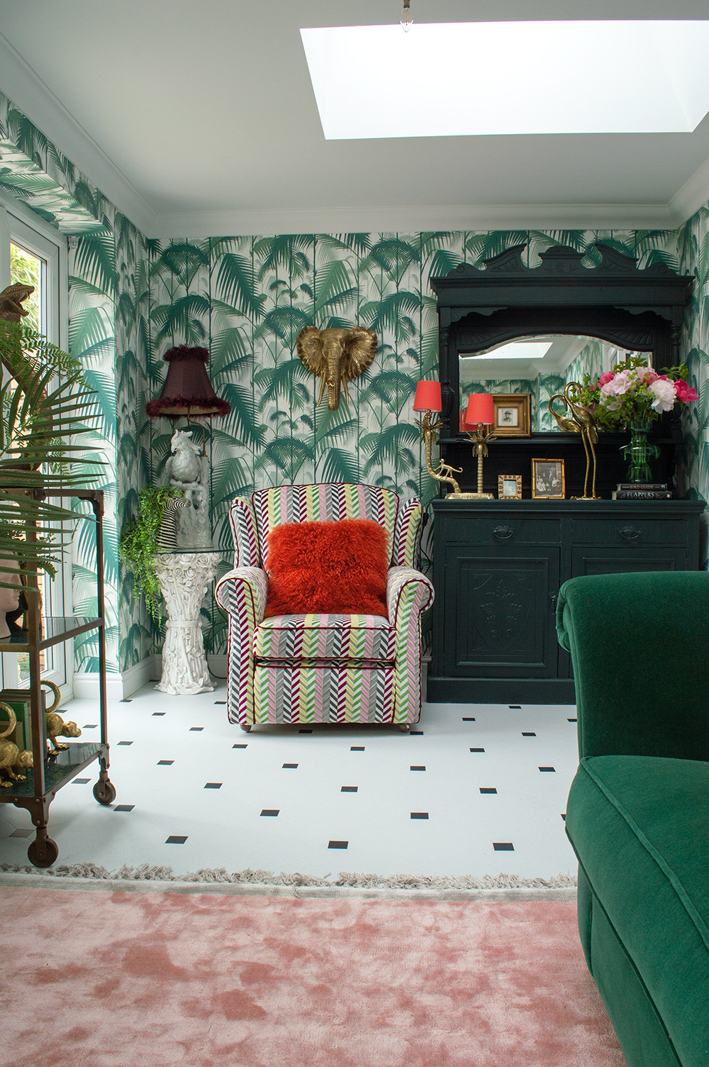 Tropical living room inspiration with Cole and Son Palm Jungle wallpaper, Amtico floor and lots of quirky Audenza homewares