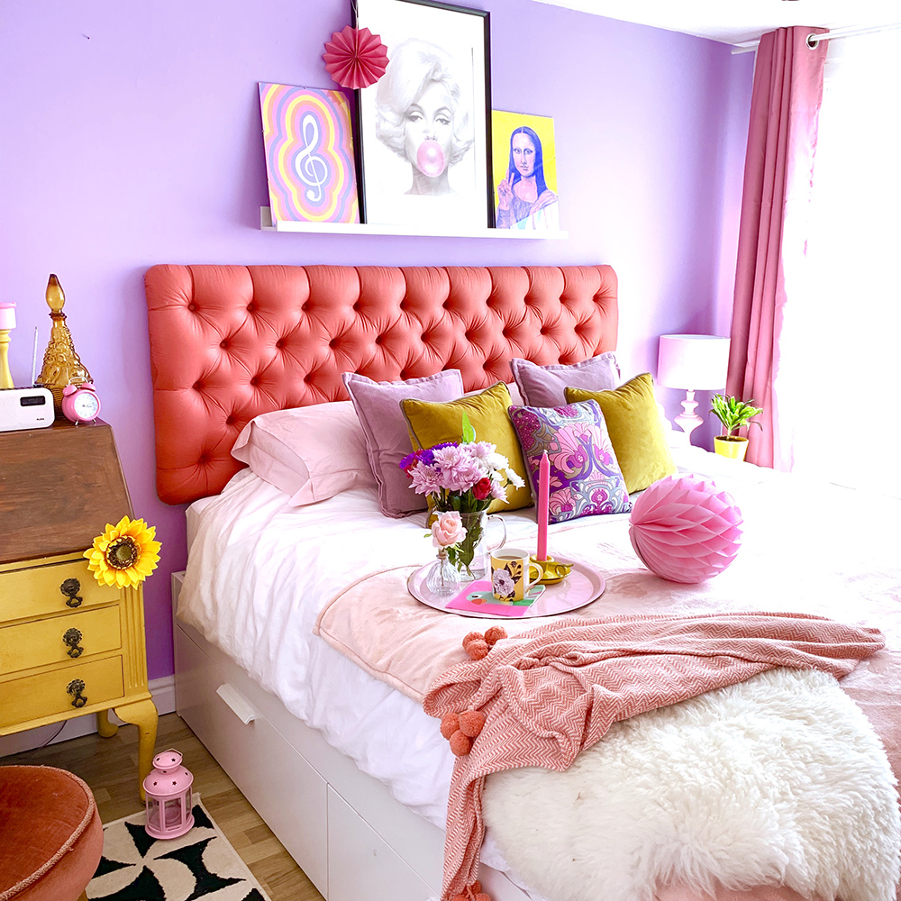 Lilac bedroom inspiration. A combination of pastel colours give this beautiful bedroom a feminine vibe.