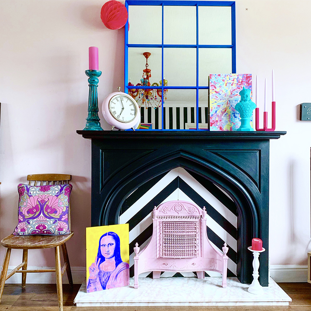 Pop art inspired living room decor, with quirky, colourful home accessories.