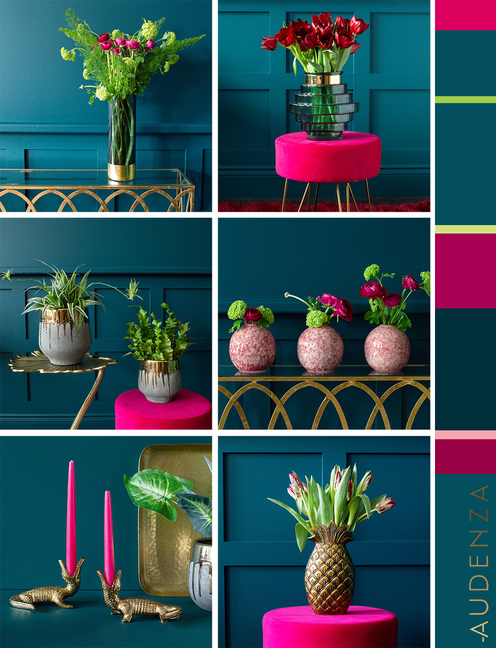 Hot pink and teal colour palette inspiration. Colour scheme ideas for your home.
