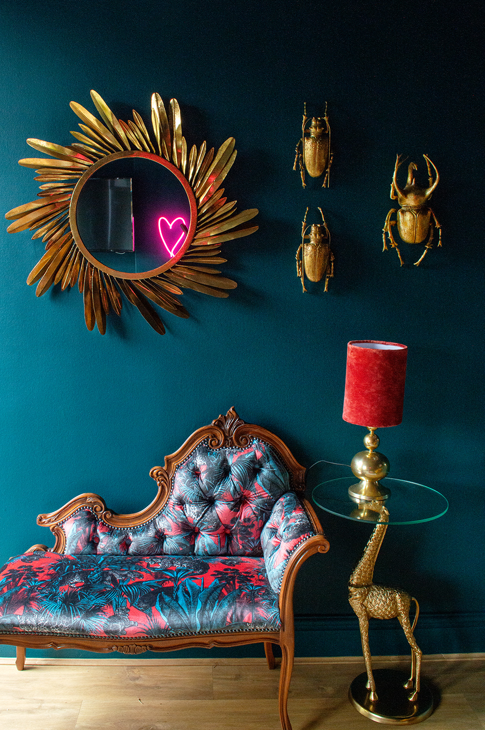 Reupholstered vintage chaise longue in Faunacation Velvet Fabric by Divine Savages. Teal and coral colour palette inspiration.
