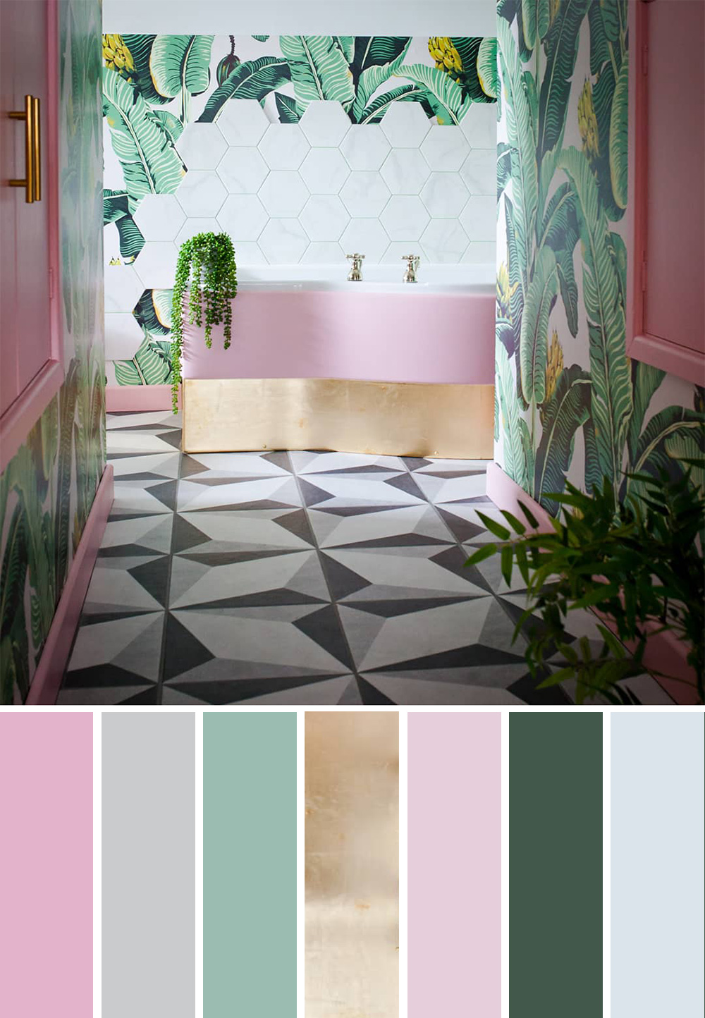 Tropical colour palette inspiration - blush pink, gold and green tropical bathroom with banana leaf patterned wallpaper and monochrome floor tiles.
