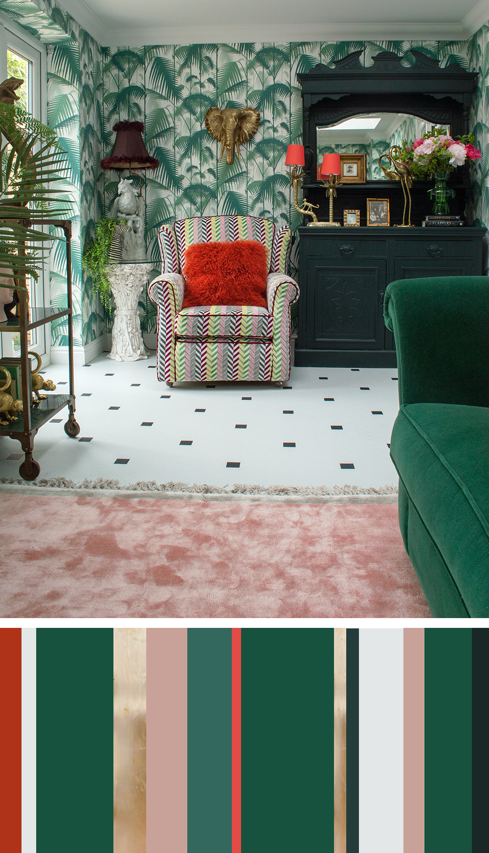 Interior colour palette inspiration - Cole and Son tropical wallpaper with green velvet sofa 