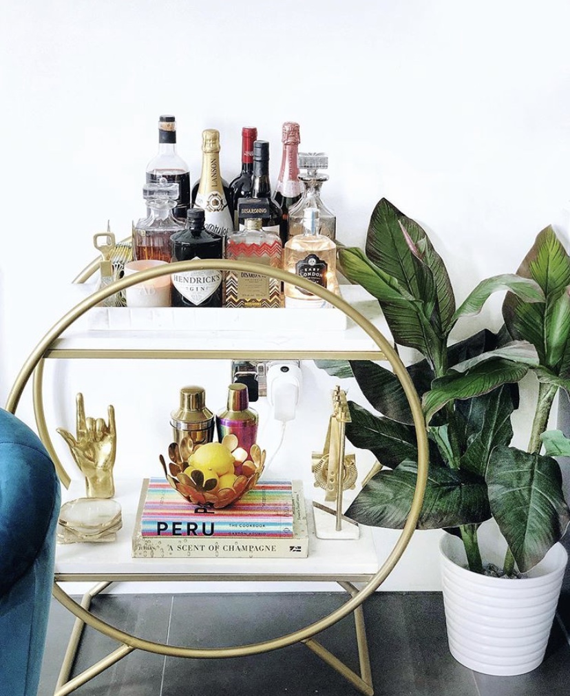 Gold drinks trolley styling with our gold rock on hand