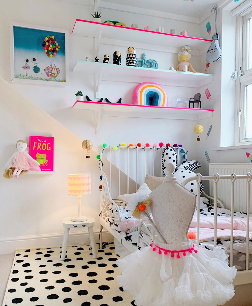 Little girls bedroom decor. Black and white decor with neon pink accents 