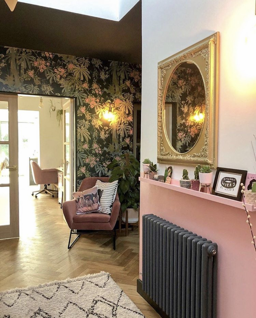 Pink and black hallway with black Windsor radiator by BestHeating