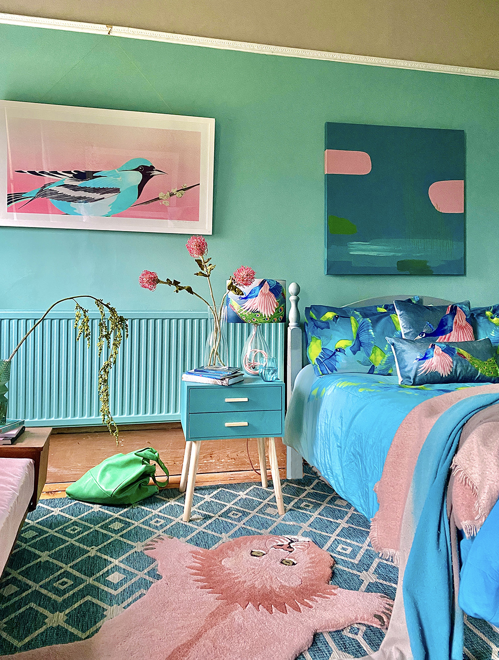 Colourful bedroom decor - blue, pink and green colour scheme inspiration