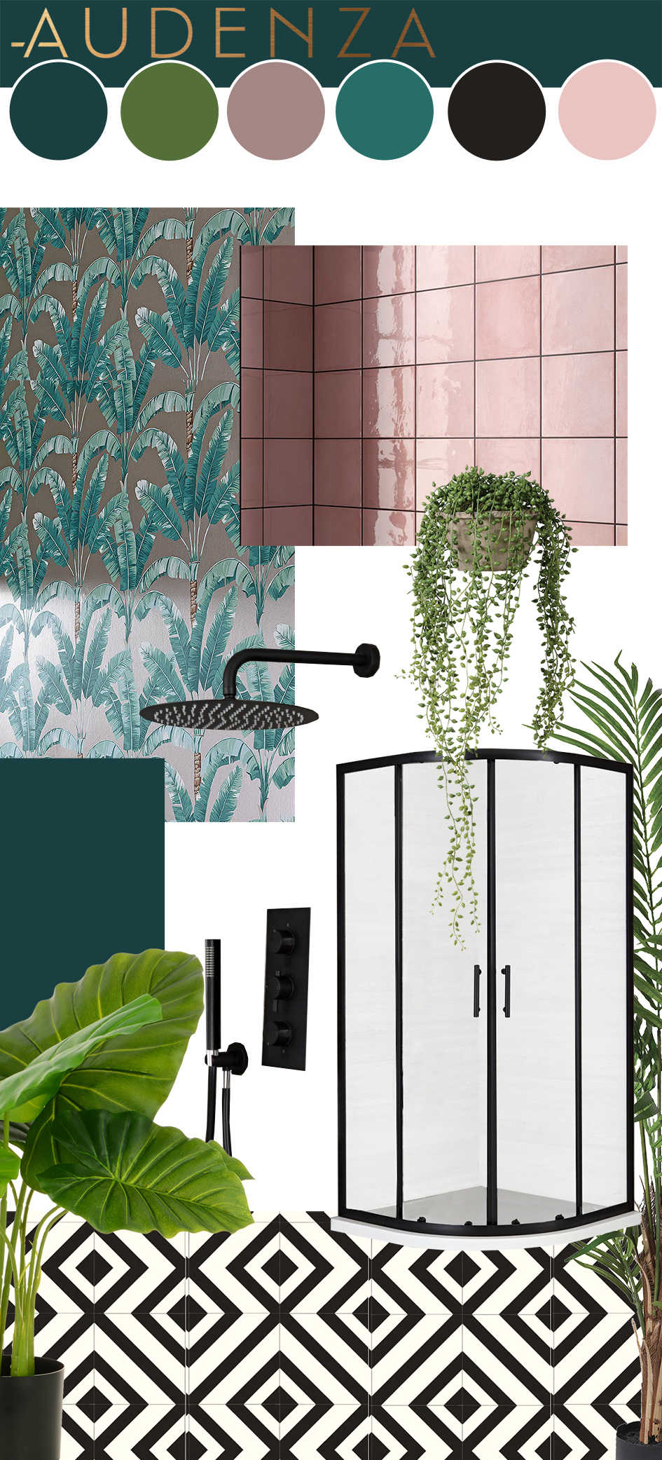 Pink & teal tropical bathroom inspiration - with monochrome vinyl flooring, pink tiles, tropical wallpaper and lush house plants.