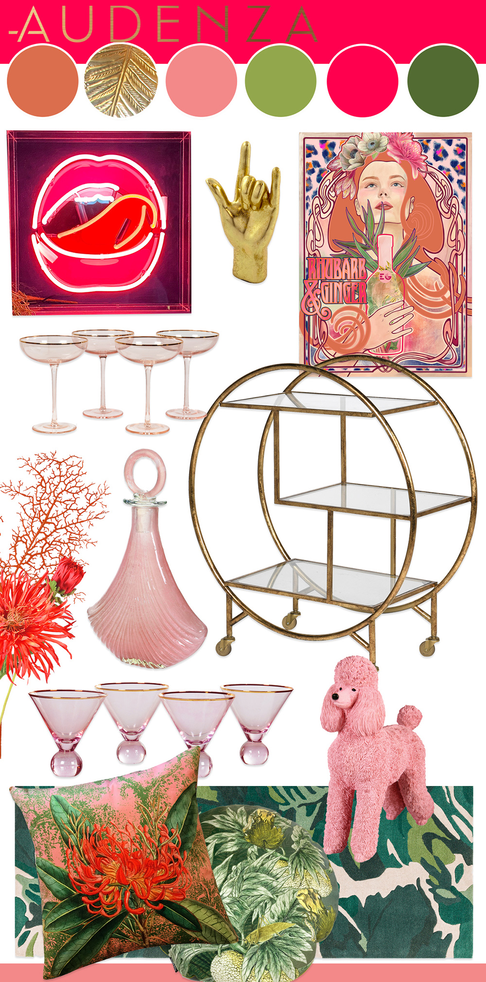 Living room colour scheme inspiration - quirky pink home bar with neon lips and gold round drinks trolley.