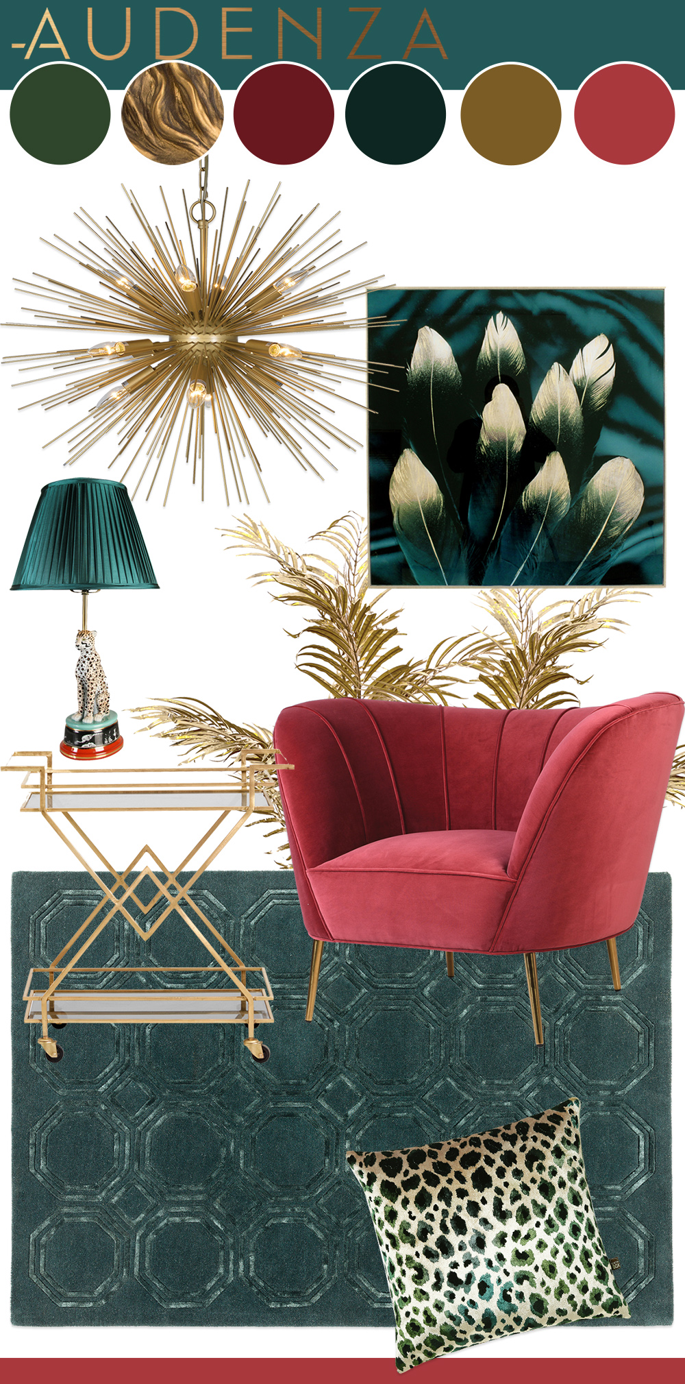 A luxurious and sophisticated living room colour scheme with a teal and cherry pink colour palette and glamorous gold home accessories