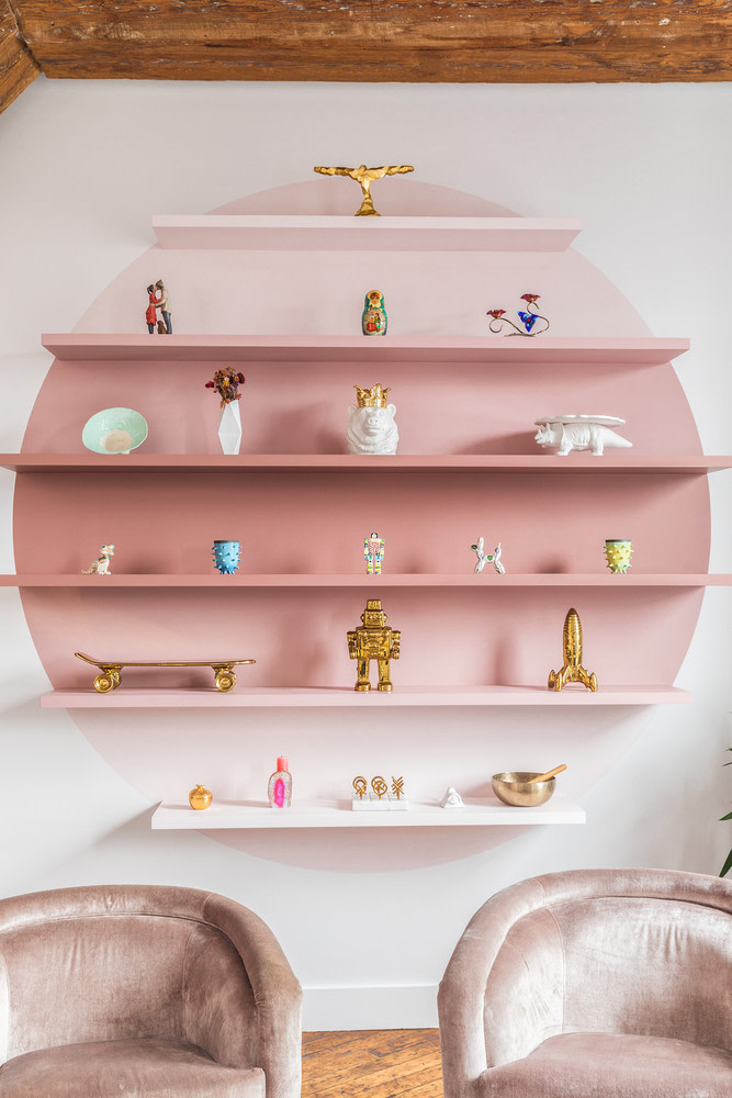 Unusual painted wall ideas - tonal pink shelving feature wall