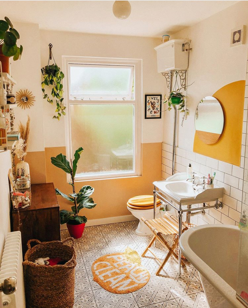 White and yellow bathroom inspiration with half painted wall