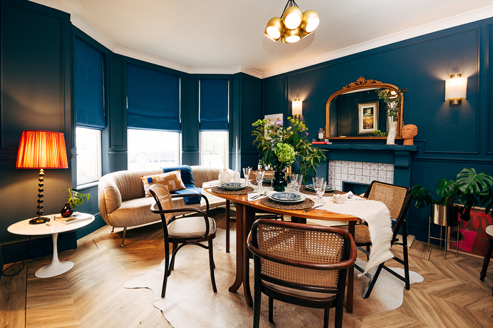 Navy blue dining room in a contemporary Edwardian Home