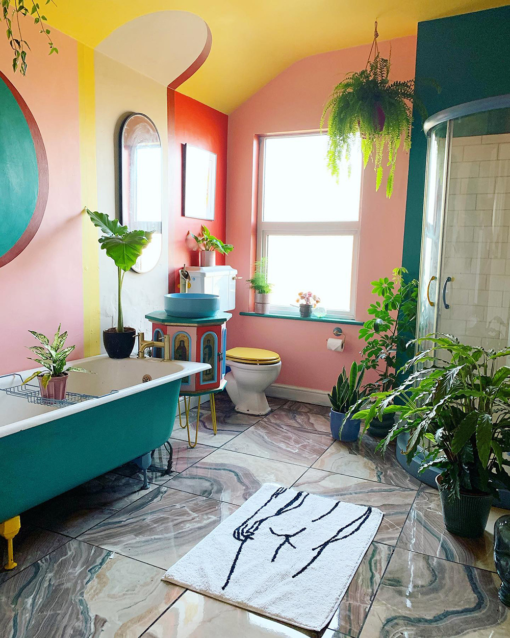Colourful interiors inspiration - paint effects and colour blocking used to create a statement bathroom 